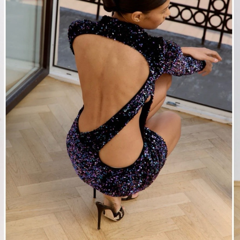 Laretaggio Black / Blue Sequin Bodycon Mini Dress NWT